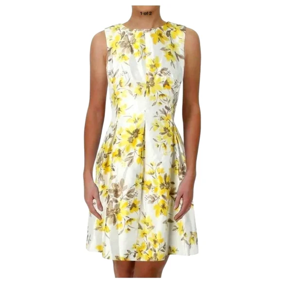 Jessica Howard Retro 60s Sleeveless Scoop Neck Fit Flare White Yellow Floral 10 - Picture 2 of 16